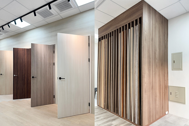 翰可國際台南展間 - HDP 寫真板與潔能櫥櫃板大板展示，現場呈現房間門、拉門及廁所門等 HDP 訂製門組實體樣式。